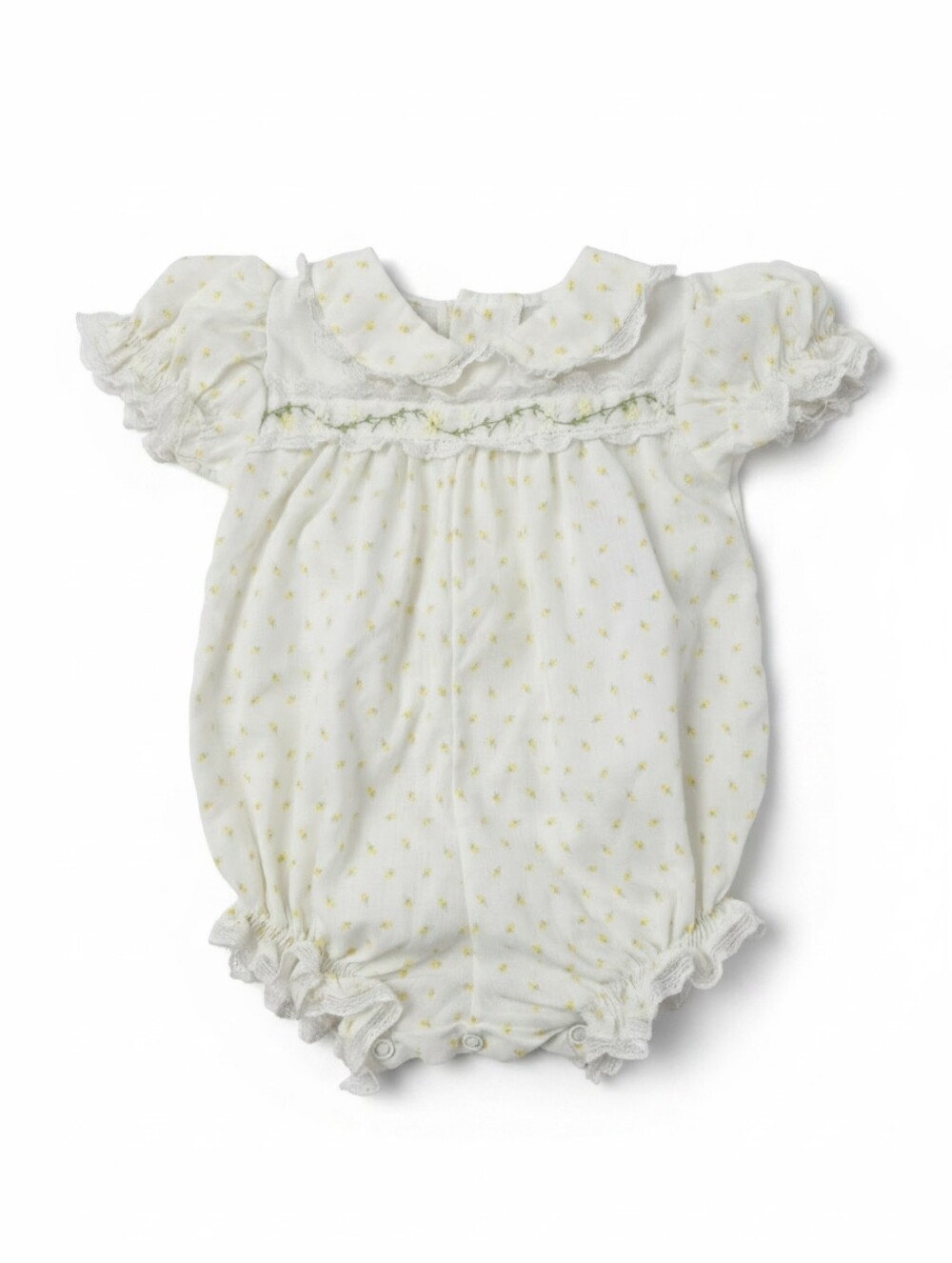 VTG 70s Yellow Floral Embroidered Lace Sunsuit Romper Bubble Newborn 0-3M